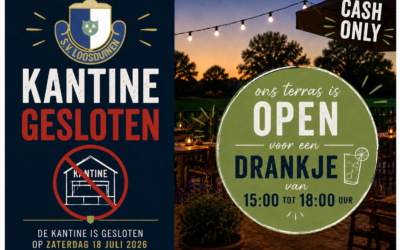 Kantine S.V. Loosduinen gesloten zaterdag 18-7-2026, terras open.